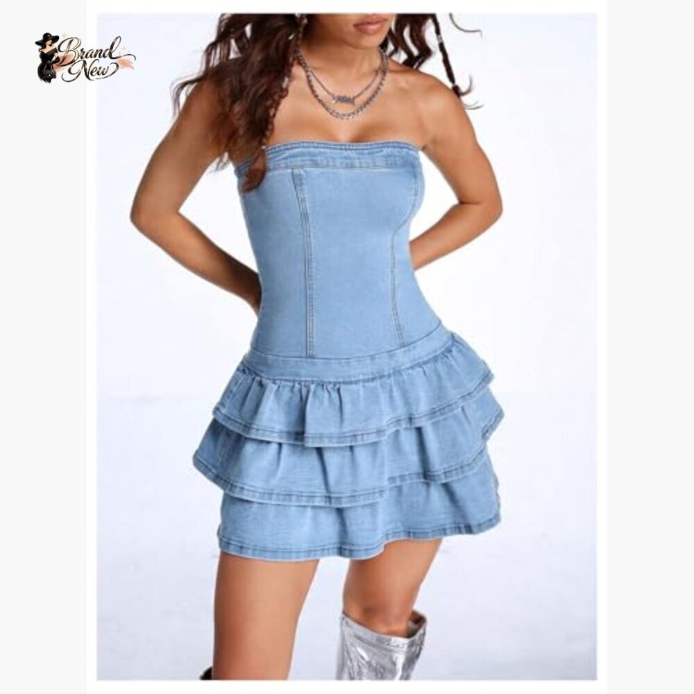 Strapless Denim Mini Dress with Layered Ruffles, Slim Fit Casual Summer - Picture 3 of 6